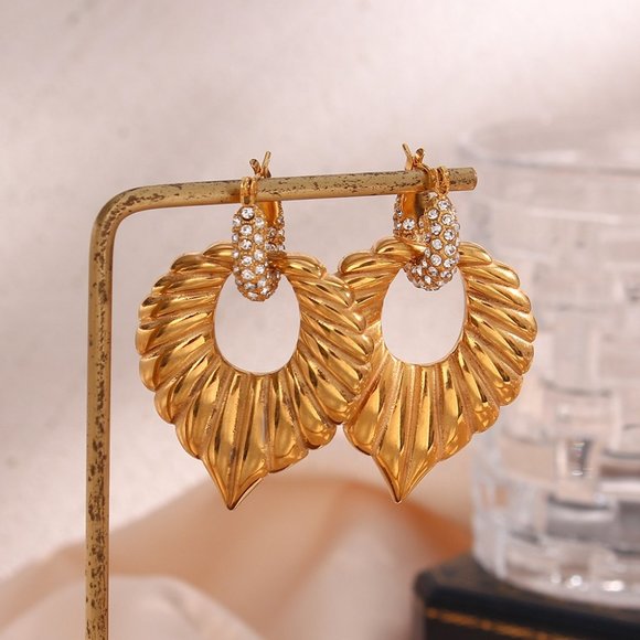 Zircon Micro Pave Chunky Palm Leaf Drop Statement Earrings 18K Gold Plated - Picture 3 of 7